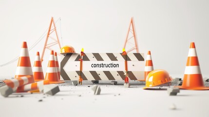Under construction sign with traffic cones and hard hats on white background.