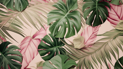 Obraz premium Tropical leaves in pink and green, patterned on a beige background. photography.