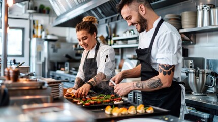 Happy chef working together in the kitchen of an upscale restaurant.