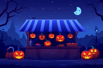 Halloween night market featuring spooky stalls and eerie decorations.