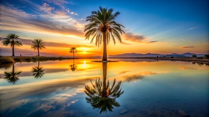 Obraz premium Lonely Palm Tree in Desert Oasis with Sunset Reflection. Perfect for: Desert Adventures, Nature Retreats, Travel Blogs, Seasonal Photography