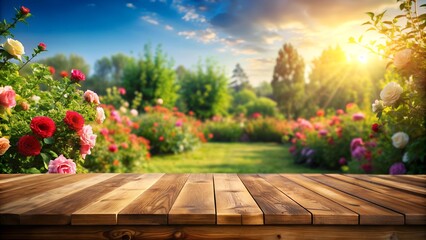 Rectangular Wooden Table with Blurred Nature Background. Perfect for: Outdoor Dining, Garden Parties, Nature Photography, Relaxation Spots