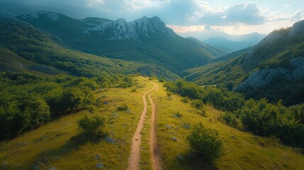 A dirt path winds through a valley between lush green mountains. Sunlight highlights the scene