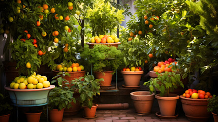 Fototapeta na wymiar Urban Oasis: Dwarf Fruit Trees Thriving in Pots in a Compact City Garden