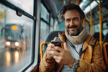 Man Using Smartphone on Bus