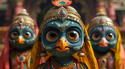 Fototapeta premium Three stylized bird-like figures, likely Hindu deities, wearing elaborate gold and colorful ornaments.