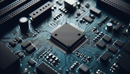 Fototapeta premium Close-up minimalist illustration of a microchip integrated on motherboard