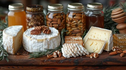 Several types of cheese, nuts, honey in jars, and crackers.