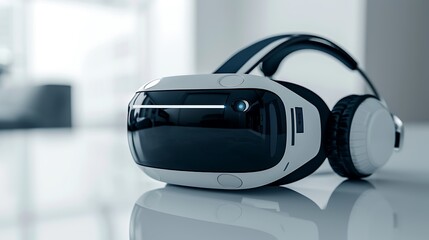 Cutting edge VR headset with built in audio displayed on a clean white surface offering a high resolution experience and advanced technology for ultimate virtual reality gaming