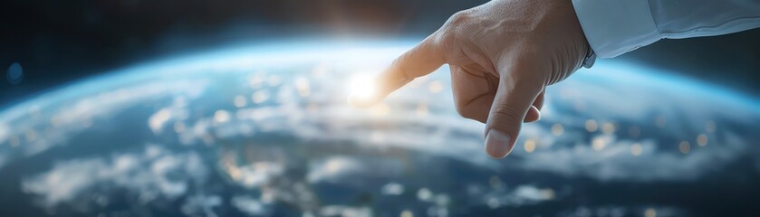 A hand reaching towards Earth symbolizes human connection to technology and exploration of the universe.