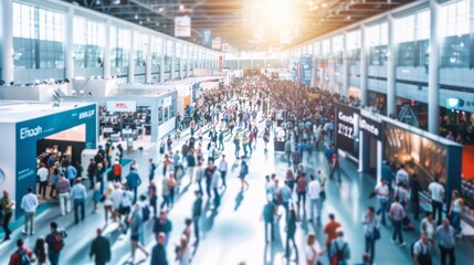 Blurred of Trade fair expo trade show booth international business convention event showcase center with large scale crowd of people gathering to see product and service display.