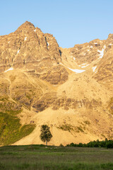 Warm evening light on the mountains in Lyngen Alps in Northern Norway