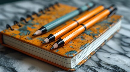 An orange notebook with a spiral binding. Three pencils, one teal, two orange, are on top.
