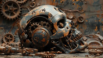 concept of collapse with death dark AI robot that has been crushed by many rusty gears, Dynamic colors, copy space for text , realistic photo high detailed