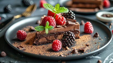 Chocolate cake with fresh raspberries and blackberries. Cacao powder is sprinkled on the plate, creating an artistic flourish. The dish is at a gourmet restaurant.