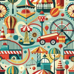 Seamless pattern of carnival rides like roller coasters and bumper cars, Generative AI