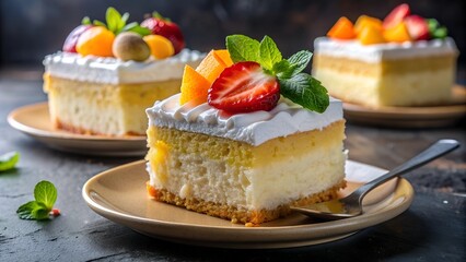 Peruvian Tres Leches with Tropical Fruits. Perfect for: Latin American Desserts, Special Occasions, Food Photography