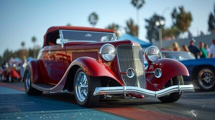 A line of vintage cars in different colors sits on a lawn. The cars are tightly packed and gleaming