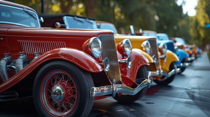 A line of vintage cars in different colors sits on a lawn. The cars are tightly packed and gleaming