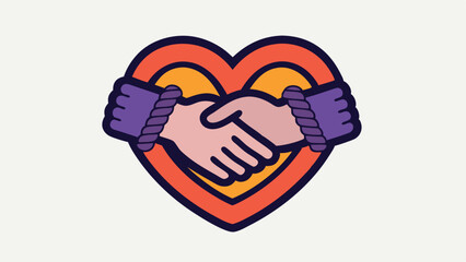 Obraz premium Heart-shaped icon with two hands shaking. Colors: red, orange, purple. Symbol of friendship