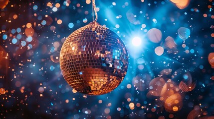 A glittery disco ball hangs in the center of a dark scene with colorful light spots.
