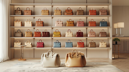 A Display of Stylish Leather Handbags on Shelving in a Modern Boutique