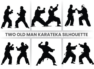 Two Old Man Karateka Silhouette Bundle, Martial Exercise Karateka, Karate Fighter silhouette in Different Poses Vector Illustration