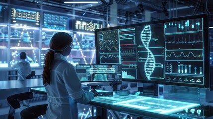 advanced biotech lab where scientists use digital interfaces to manipulate genetic data and engineer new medical treatments