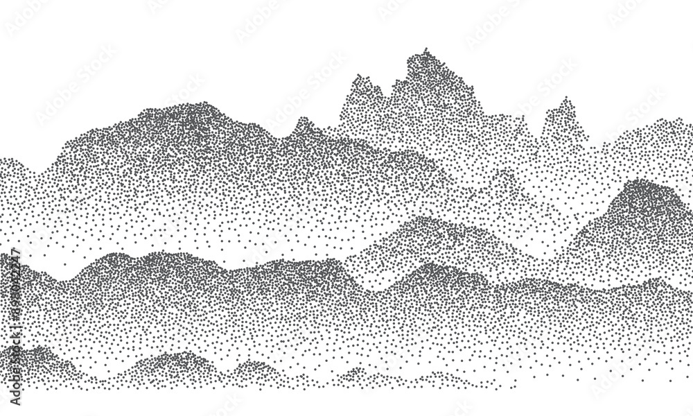Poster abstract mountain landscape. dotwork grain pattern. nature background with fading dot effect