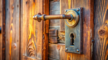 Fototapeta premium Newly opened old wooden door with rusty lock and shiny metallic key inserted, highlighting concept of access, security, and homeownership in warm natural light.