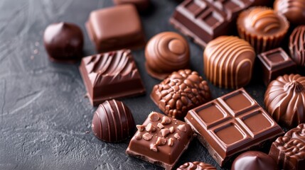Many different types of chocolate candies and squares are on a dark surface.