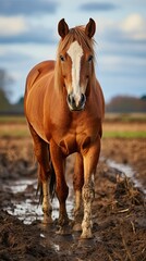 Fototapeta premium A portrait of a beautiful bay horse grazing on a farm in a paddock. 
