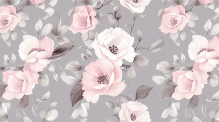 Pink and grey watercolor floral pattern on a gray background, with soft pink flowers in various sizes and shapes scattered across the design. floral line art, floral patterns, seamless patterns