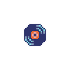 Music record, compact disc retro icon. Pixel art style. Audio movies CD DVD. Web site design. 8-bit. Video game sprite. Isolated abstract vector illustration.  