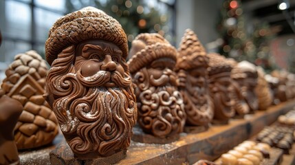 Chocolate Santa sculptures, dusted with powdered sugar, sit on a shelf in a row. The artful holiday sweets are surrounded by other tasty confections