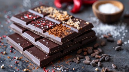 Dark chocolate bars stacked high, sprinkled with spices, chili peppers, and sea salt. Cocoa beans visible