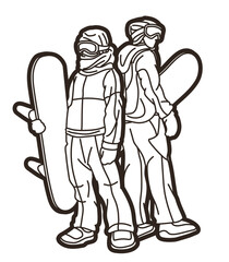 Snowboard Players Mix Action Extreme Sport Snowboarder Cartoon Graphic Vector