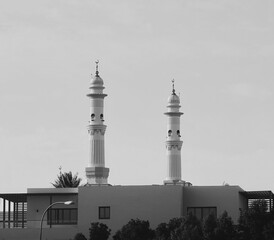 Twin Mosque Minarets Black And White Skyline View