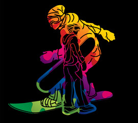 Snowboard Players Mix Action Extreme Sport Snowboarder Cartoon Graphic Vector