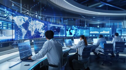 advanced data analysis lab where data scientists work on large-scale simulations and predictive modeling on curved displays