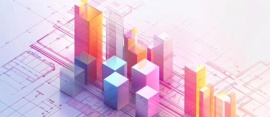 A colorful bar graph and isometric cubes on an architectural blueprint,