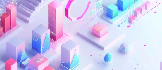 A colorful bar graph and isometric cubes on an architectural blueprint,