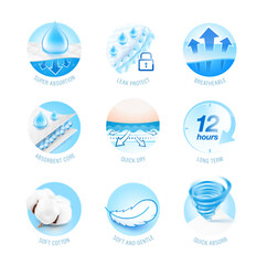 Properties of materials for diapers, pants, pads, mats.  Vector illustration isolated on white background. Ready for your design. EPS10.	