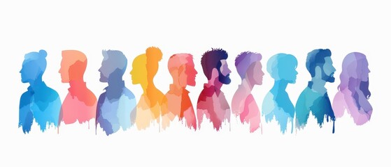 A group of people are shown in a row, with each person having a different color. The image is a representation of diversity and unity