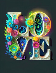 Paper quilling letters with origami flowers.