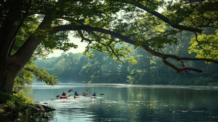 Fototapeta premium Kayaking in a Tranquil Forest Lake