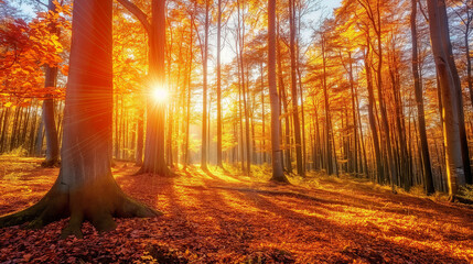 Pristine Autumn Forest at Sunrise: The serene beauty of an autumn forest at sunrise, with warm, orange sunlight filtering through the trees, highlighting the vibrant fall foliage.