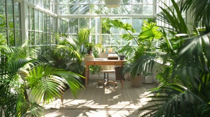 Fototapeta premium airy greenhouse converted into an office, with a desk surrounded by lush plants and sunlight filtering through glass panels