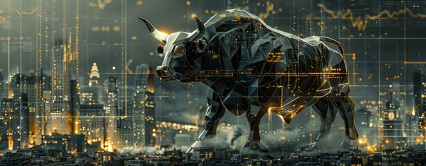 A large, muscular bull made of dark blue and gold polygonal