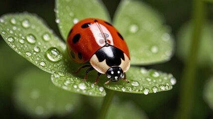 Tiny red spotted beetle perched on green leaf, captured in sharp closeup